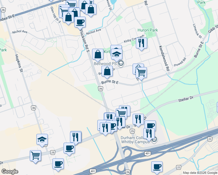 map of restaurants, bars, coffee shops, grocery stores, and more near in Whitby