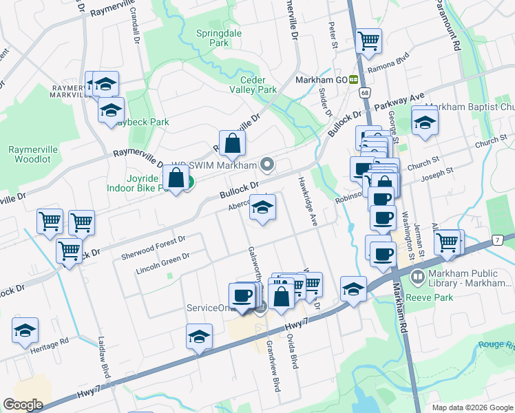 map of restaurants, bars, coffee shops, grocery stores, and more near in Markham