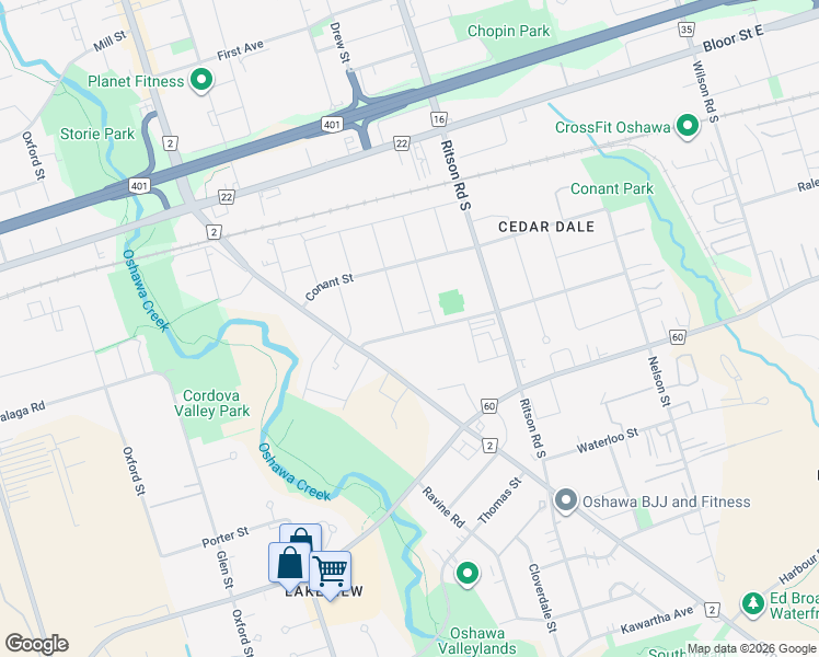 map of restaurants, bars, coffee shops, grocery stores, and more near in Oshawa