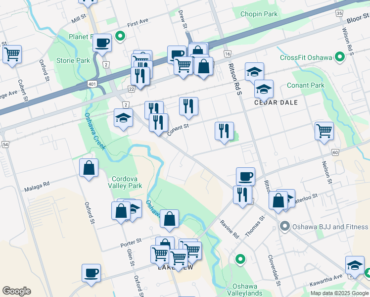 map of restaurants, bars, coffee shops, grocery stores, and more near 19 Whiting Avenue in Oshawa