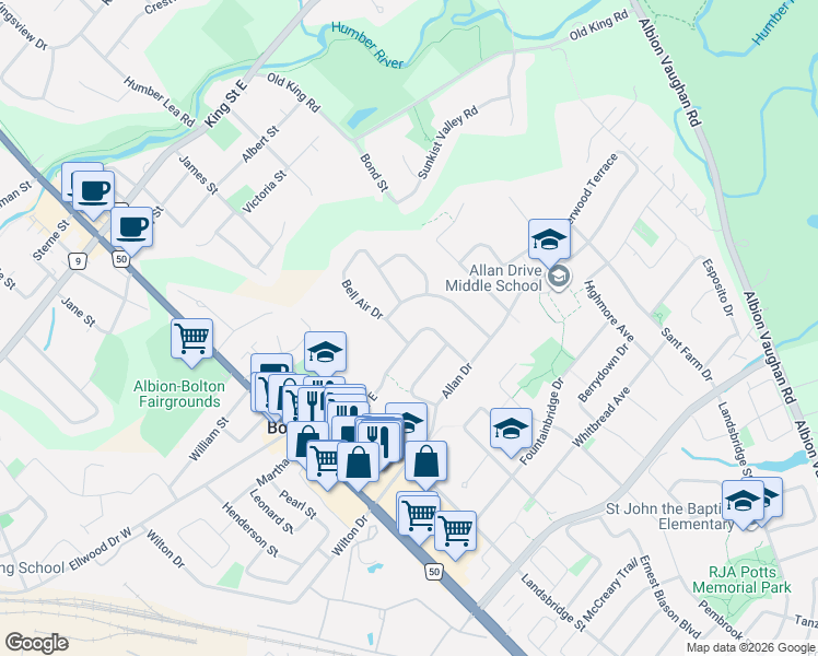 map of restaurants, bars, coffee shops, grocery stores, and more near 149 Ellwood Drive West in Bolton