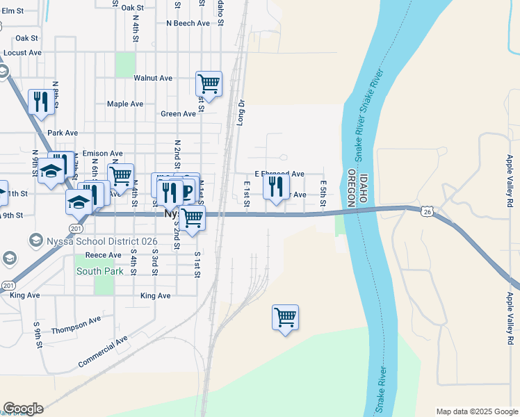 map of restaurants, bars, coffee shops, grocery stores, and more near 105 East Main Street in Nyssa