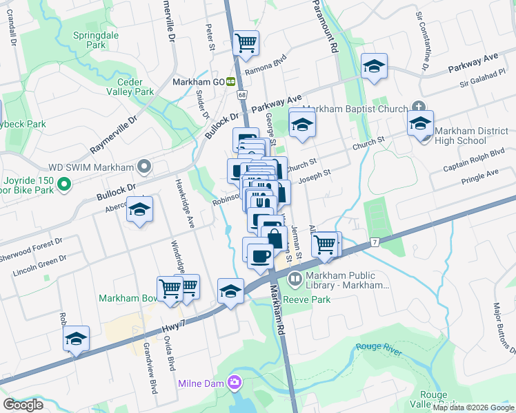map of restaurants, bars, coffee shops, grocery stores, and more near 80 Main Street Markham North in Markham