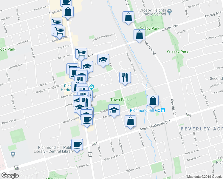 map of restaurants, bars, coffee shops, grocery stores, and more near 97 Centre Street East in Richmond Hill