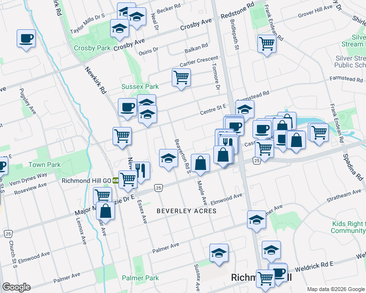 map of restaurants, bars, coffee shops, grocery stores, and more near 47 Beaverton Road South in Richmond Hill