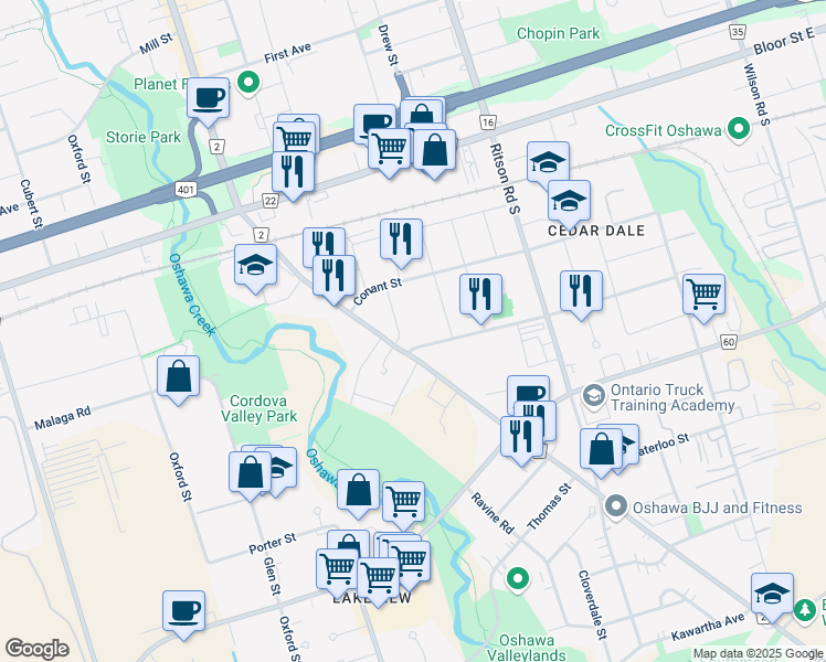 map of restaurants, bars, coffee shops, grocery stores, and more near 894 Durham Regional Road 2 in Oshawa