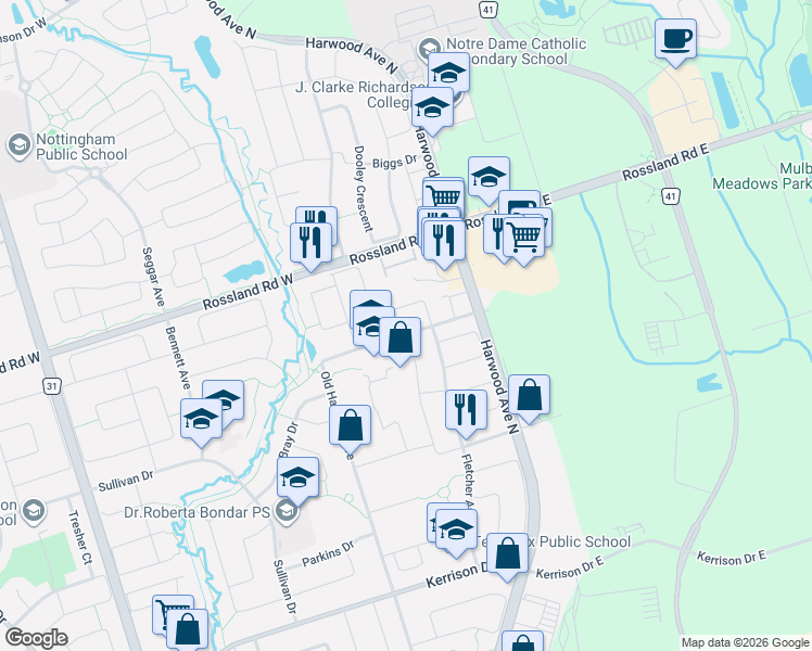 map of restaurants, bars, coffee shops, grocery stores, and more near 28 Fishlock Street in Ajax