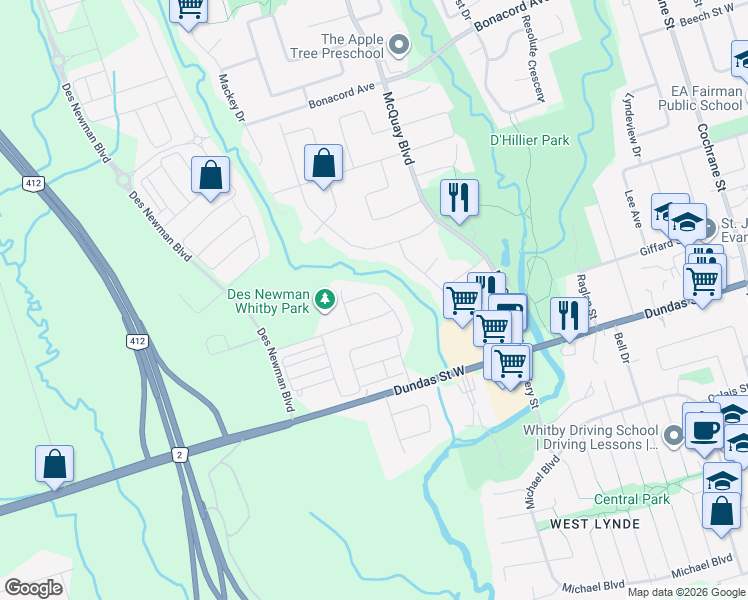 map of restaurants, bars, coffee shops, grocery stores, and more near in Whitby
