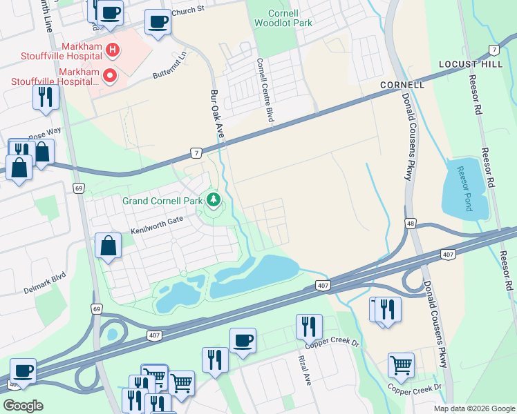 map of restaurants, bars, coffee shops, grocery stores, and more near 41 John Rolph Street in Markham