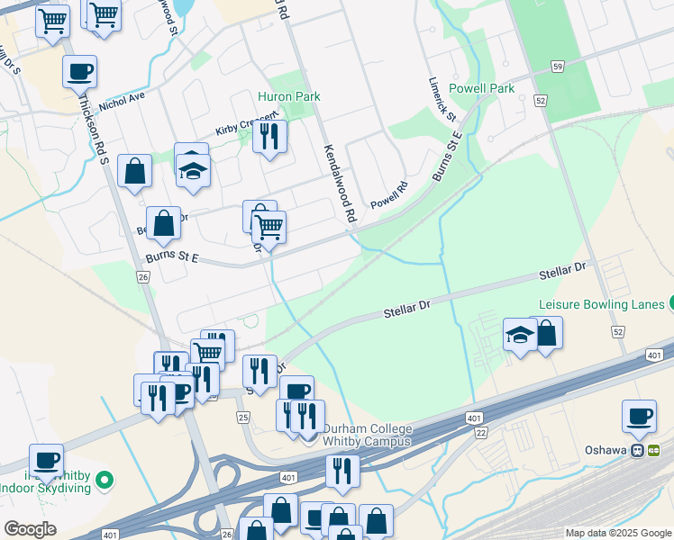 map of restaurants, bars, coffee shops, grocery stores, and more near 47 Mount Pleasant Avenue in Whitby