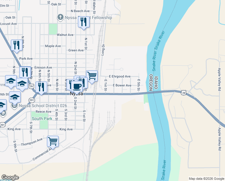 map of restaurants, bars, coffee shops, grocery stores, and more near 105 East Main Street in Nyssa