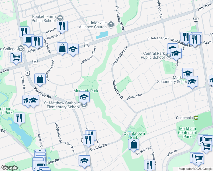 map of restaurants, bars, coffee shops, grocery stores, and more near 18 Bridleford Court in Markham