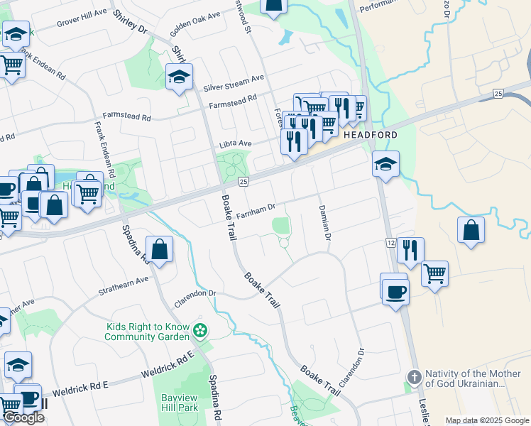 map of restaurants, bars, coffee shops, grocery stores, and more near 23 Farnham Drive in Richmond Hill