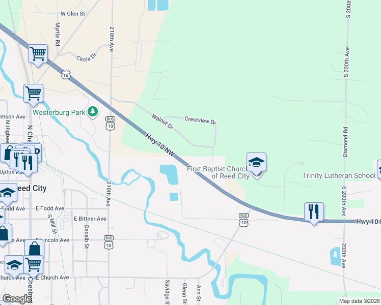 map of restaurants, bars, coffee shops, grocery stores, and more near 20597 Walnut Drive in Reed City