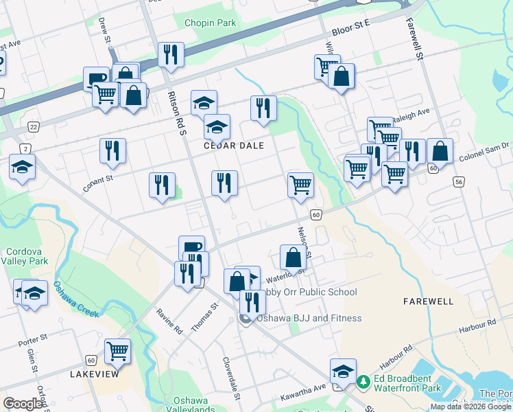 map of restaurants, bars, coffee shops, grocery stores, and more near 895 Myers Street in Oshawa