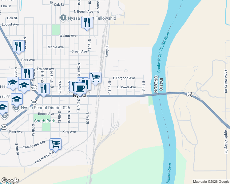map of restaurants, bars, coffee shops, grocery stores, and more near 105 East Main Street in Nyssa