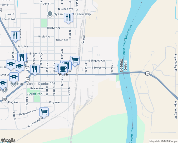 map of restaurants, bars, coffee shops, grocery stores, and more near 105 East Main Street in Nyssa