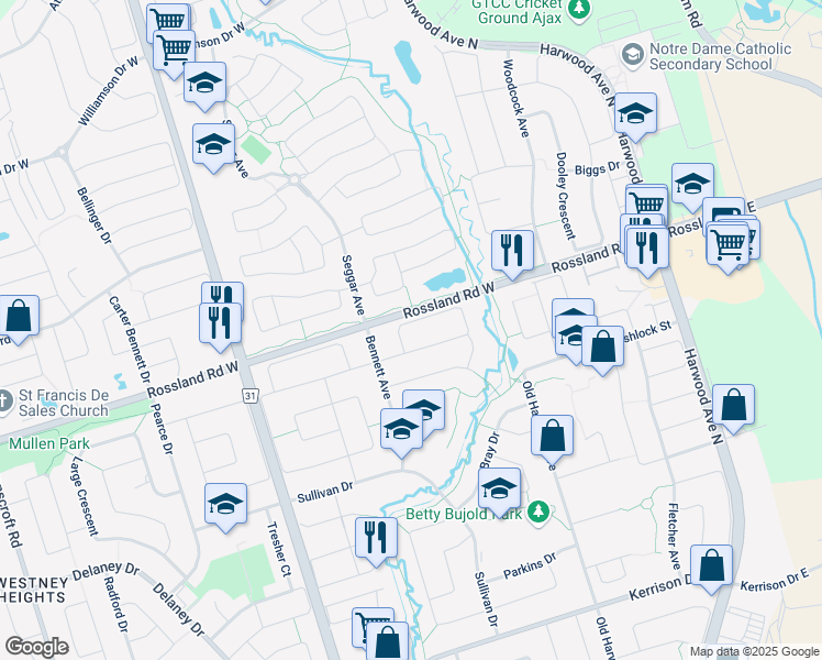 map of restaurants, bars, coffee shops, grocery stores, and more near 68 Keeble Crescent in Ajax