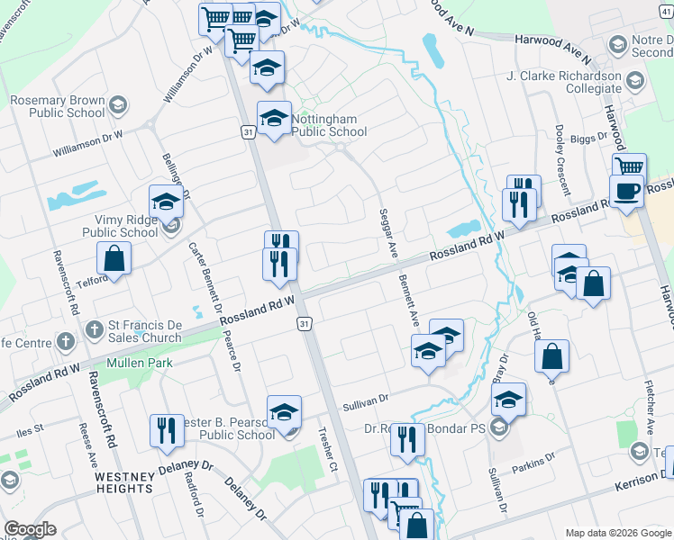 map of restaurants, bars, coffee shops, grocery stores, and more near 43 McSweeney Crescent in Ajax