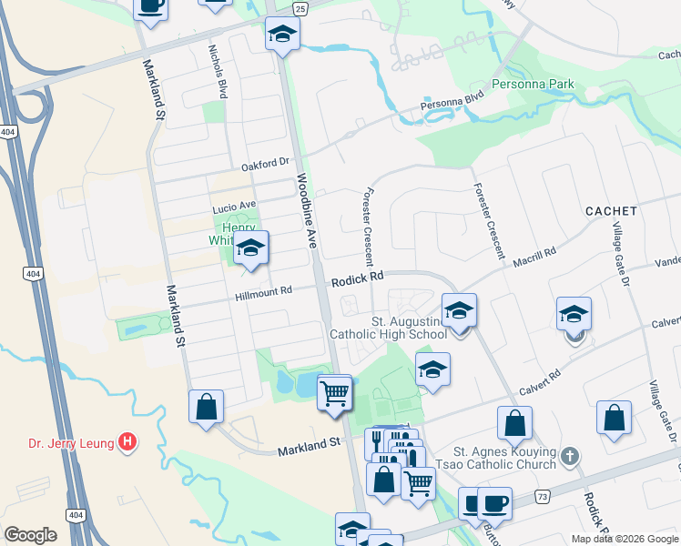 map of restaurants, bars, coffee shops, grocery stores, and more near 2247 Rodick Road in Markham