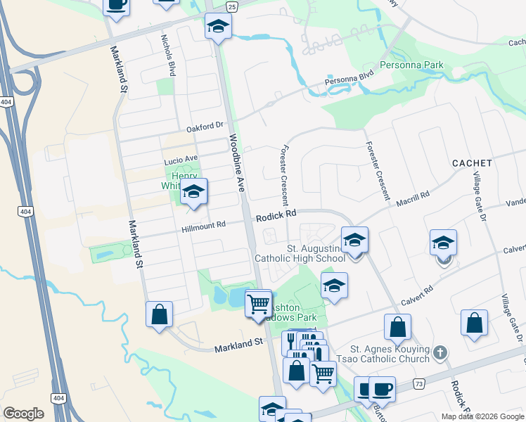 map of restaurants, bars, coffee shops, grocery stores, and more near 2247 Rodick Road in Markham