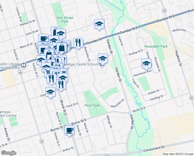 map of restaurants, bars, coffee shops, grocery stores, and more near 507 Reynolds Street in Whitby