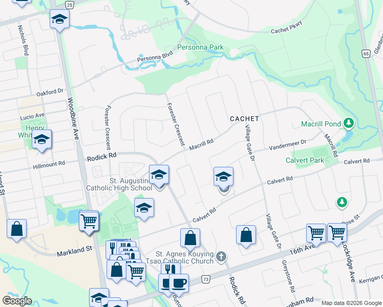 map of restaurants, bars, coffee shops, grocery stores, and more near 23 Macrill Road in Markham