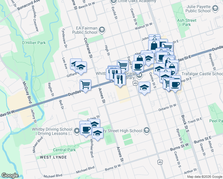 map of restaurants, bars, coffee shops, grocery stores, and more near 215 Reedaire Court in Whitby