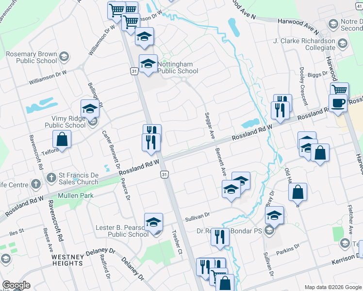 map of restaurants, bars, coffee shops, grocery stores, and more near 43 McSweeney Crescent in Ajax