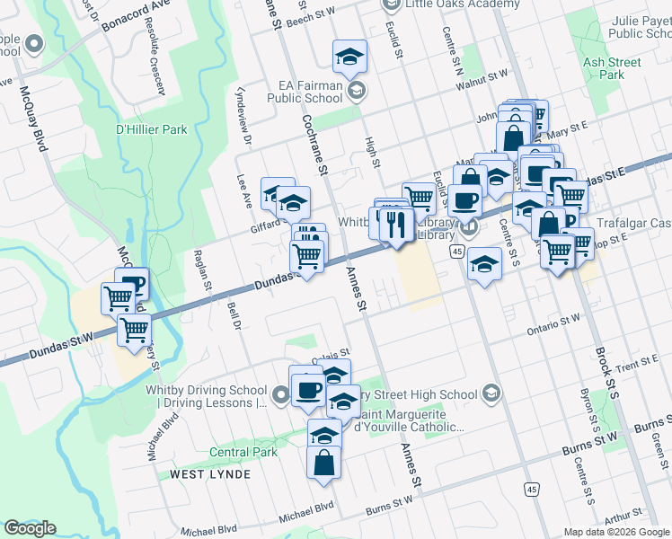 map of restaurants, bars, coffee shops, grocery stores, and more near 805 Dundas Street West in Whitby