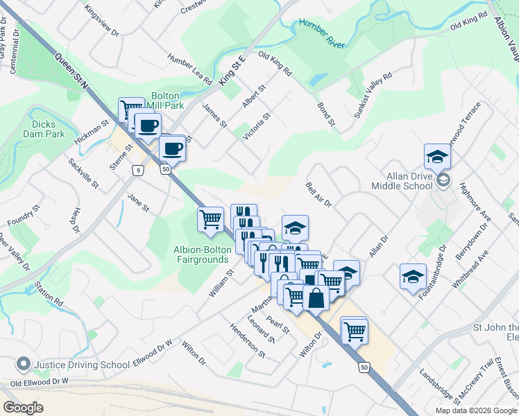 map of restaurants, bars, coffee shops, grocery stores, and more near 60 Norton Boulevard in Caledon