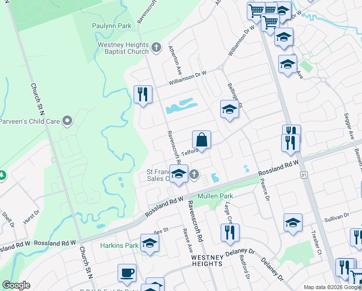 map of restaurants, bars, coffee shops, grocery stores, and more near 91 Telford Street in Ajax