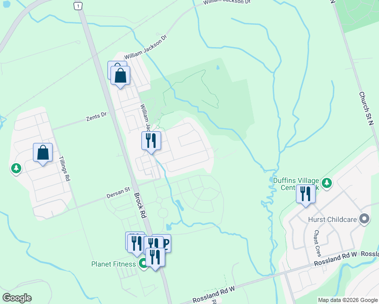 map of restaurants, bars, coffee shops, grocery stores, and more near 1846 Misthollow Drive in Pickering