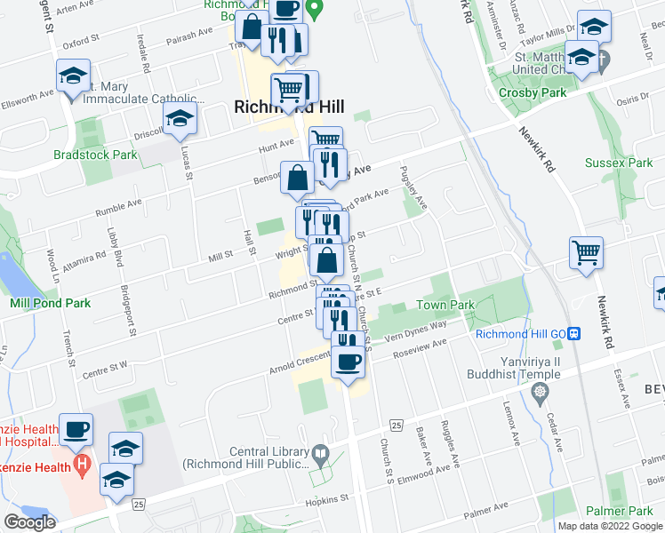 map of restaurants, bars, coffee shops, grocery stores, and more near 10243 Yonge Street in Richmond Hill