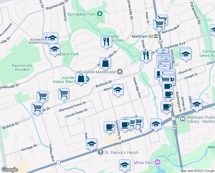 map of restaurants, bars, coffee shops, grocery stores, and more near 18 Abercorn Road in Markham