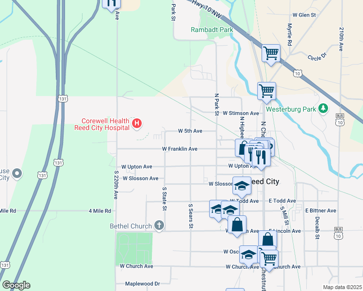 map of restaurants, bars, coffee shops, grocery stores, and more near 230 North Sears Street in Reed City
