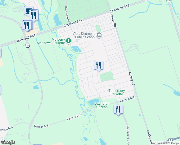 map of restaurants, bars, coffee shops, grocery stores, and more near 21 Dewsnap Road in Ajax