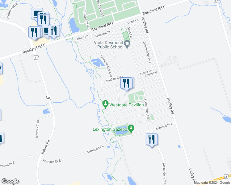 map of restaurants, bars, coffee shops, grocery stores, and more near 21 Dewsnap Road in Ajax