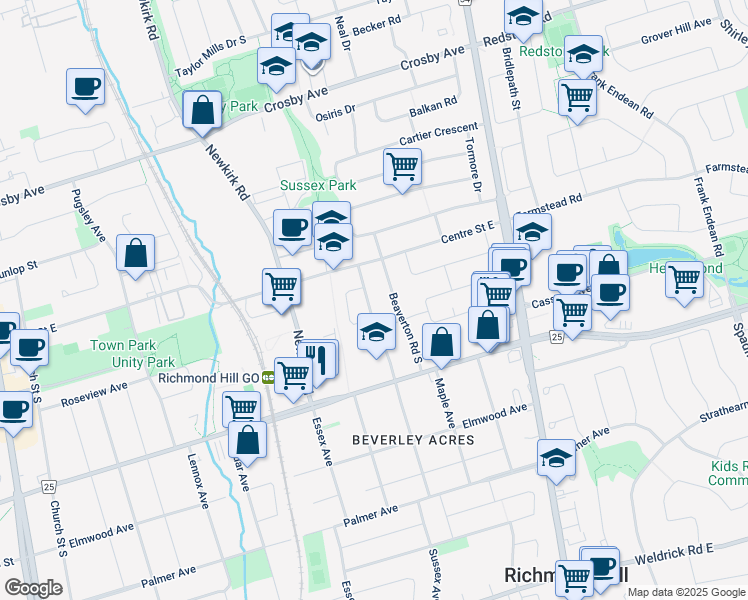 map of restaurants, bars, coffee shops, grocery stores, and more near 31 Sussex Avenue in Richmond Hill