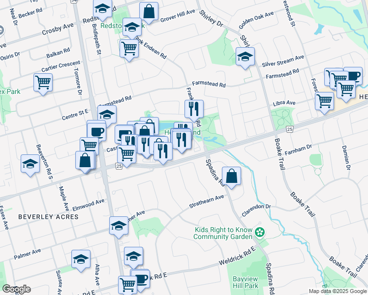 map of restaurants, bars, coffee shops, grocery stores, and more near 1070 Major Mackenzie Drive East in Richmond Hill
