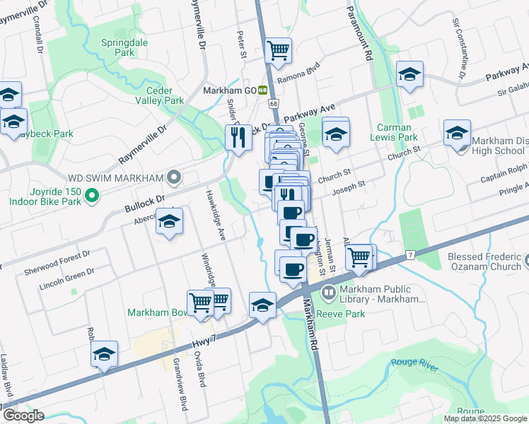 map of restaurants, bars, coffee shops, grocery stores, and more near in Markham
