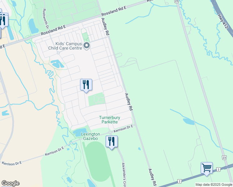 map of restaurants, bars, coffee shops, grocery stores, and more near Barnfield Crescent in Ajax