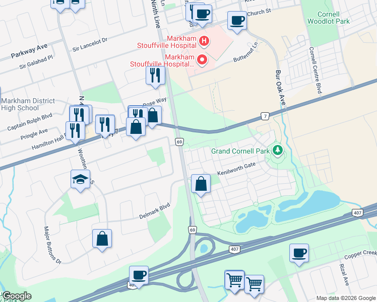 map of restaurants, bars, coffee shops, grocery stores, and more near 2 Dunsheath Way in Markham