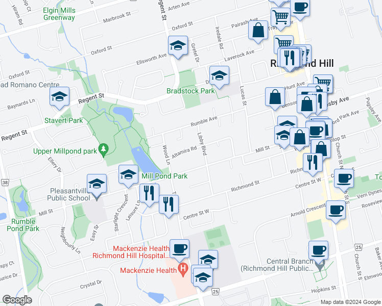 map of restaurants, bars, coffee shops, grocery stores, and more near 230 Altamira Road in Richmond Hill