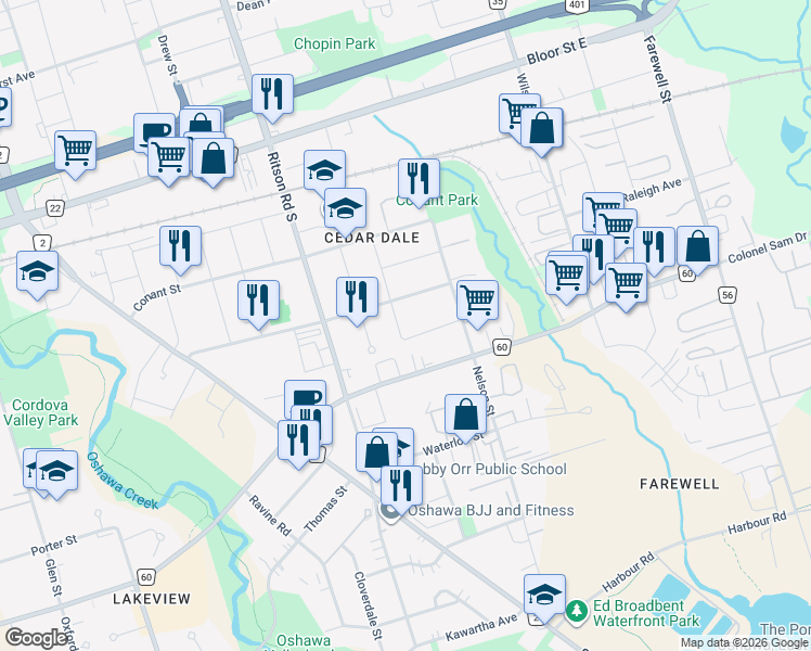 map of restaurants, bars, coffee shops, grocery stores, and more near 885 Myers Street in Oshawa