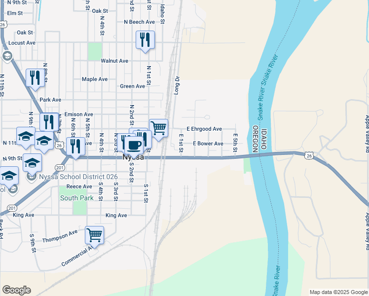 map of restaurants, bars, coffee shops, grocery stores, and more near 107 East 1st Street in Nyssa