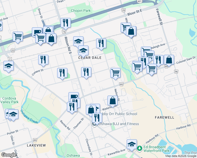 map of restaurants, bars, coffee shops, grocery stores, and more near in Oshawa