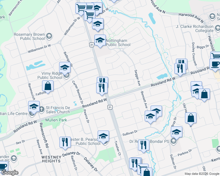 map of restaurants, bars, coffee shops, grocery stores, and more near 69 McSweeney Crescent in Ajax