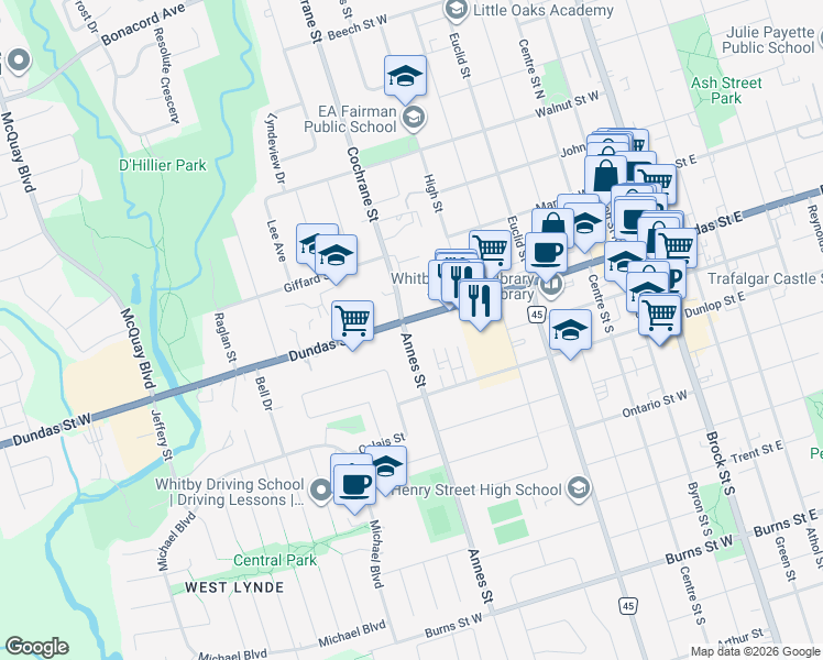 map of restaurants, bars, coffee shops, grocery stores, and more near 723 Dundas Street West in Whitby