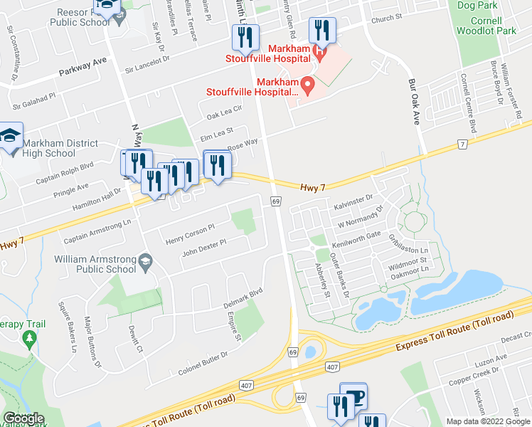 map of restaurants, bars, coffee shops, grocery stores, and more near 78 Senator Reesor's Drive in Markham